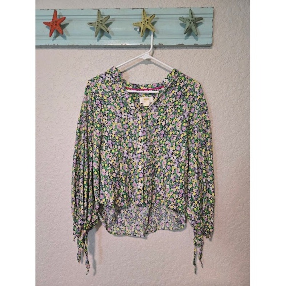 Maeve Anthropologie Floral Button Down Blouse Purple Yellow Tie Sleeve Small P